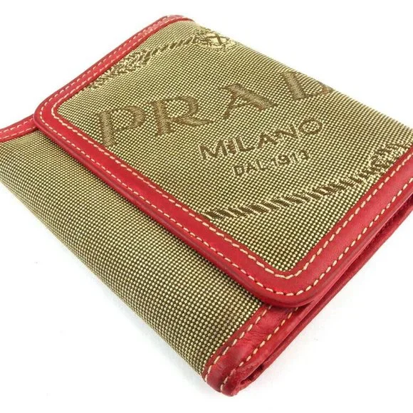 PRADA Three Folded Wallets Logo Jagade Beige Canvas ~ Leather Auth USED T19100